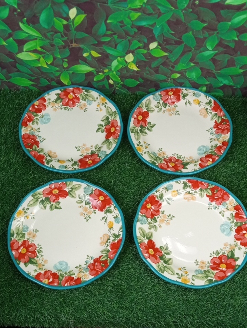 🏠 The Pioneer Woman Red Floral Dinner Plates with Teal Rim - Set of 4